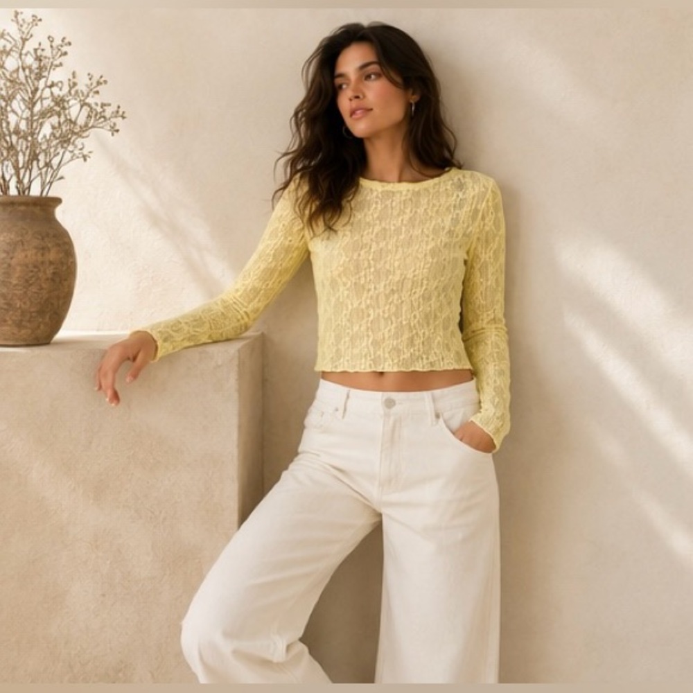 Truce Girls Yellow Lace Long Sleeve Cropped Top Size XL 16